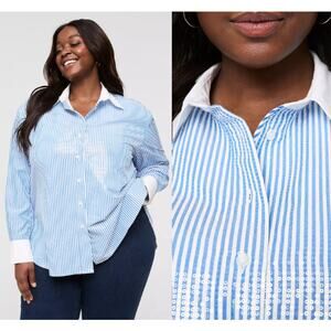Lane Bryant | Relaxed Blue & White Striped Sequin-Accent Button-Up Shirt 3X
